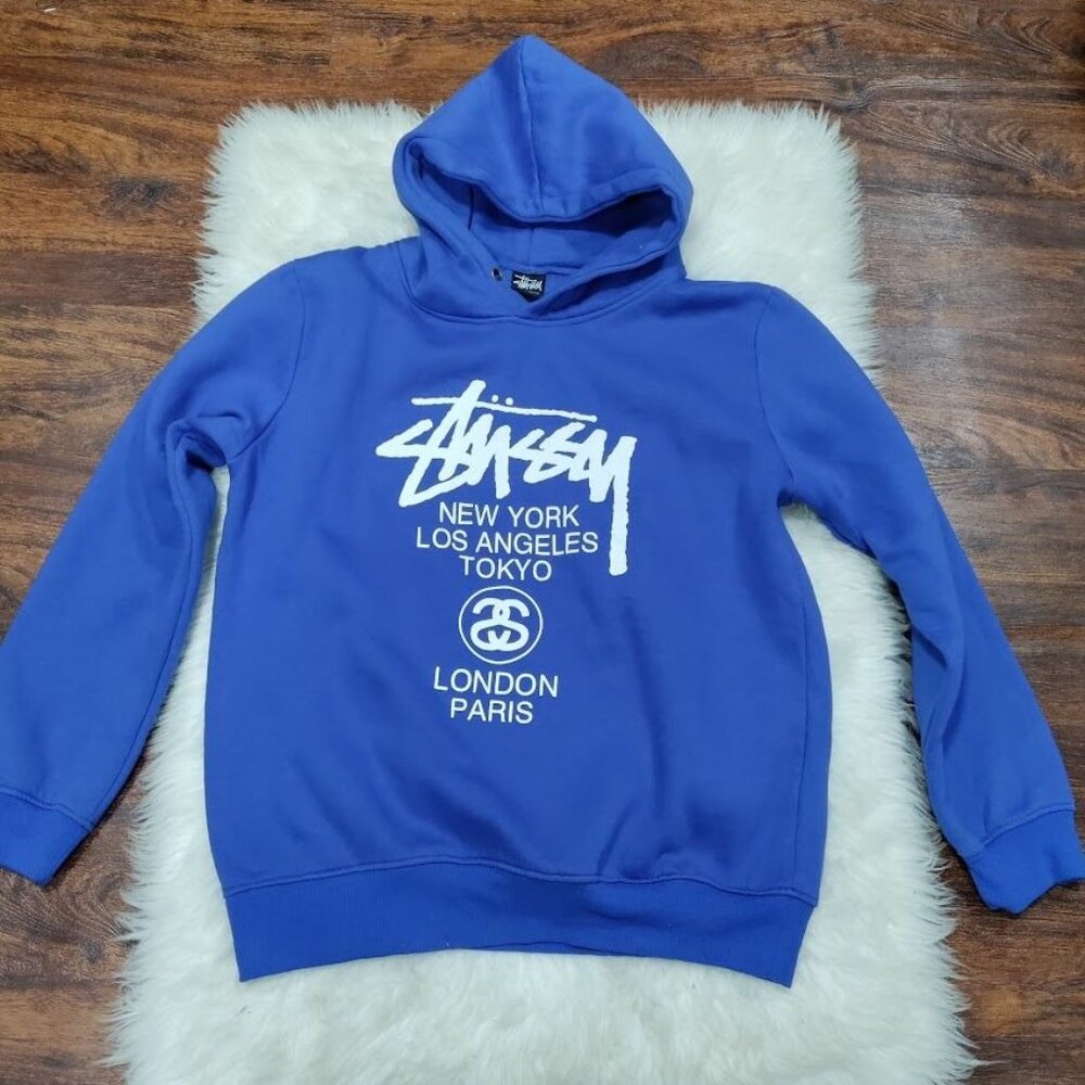 Stussy Loose Fit Men Medium Streetwear Cities Pullover Graphic Hoodie Blue White - Picture 2 of 8